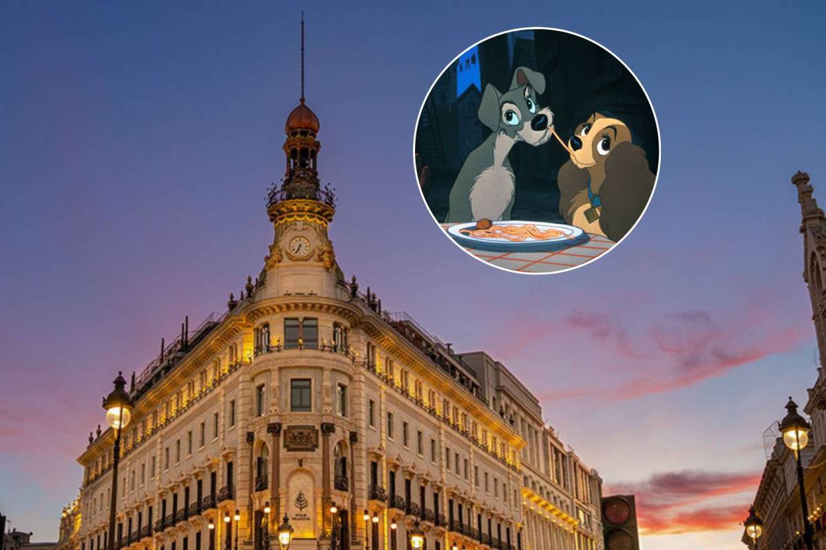 Fachada del Hotel Four Seasons de Madrid y frame de la película La Dama y El Vagabundo.